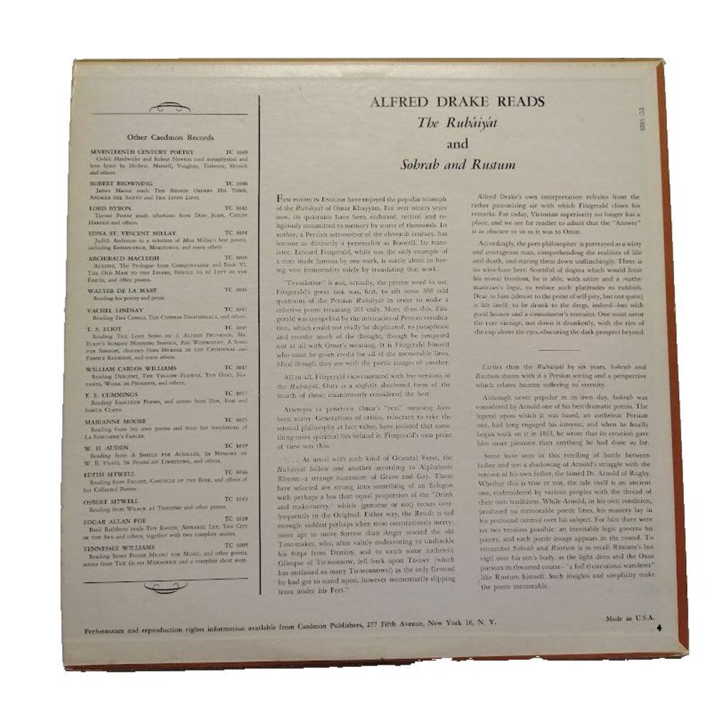 Alfred Drake The Rubaiyat of  Omar Khayyan and Sohrab And Rustum Read Record LP - Picture 2 of 4